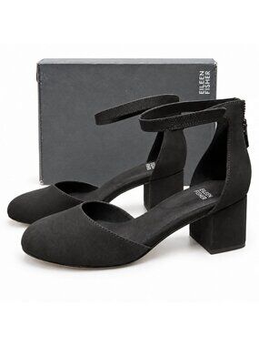 Eileen Fisher Indi Black Tumbled Nubuck Ankle Strap Block Heel Pumps Womens 8.5